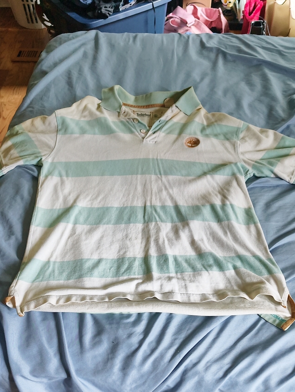 Vtg Timberland Mint Green and White Striped Polo